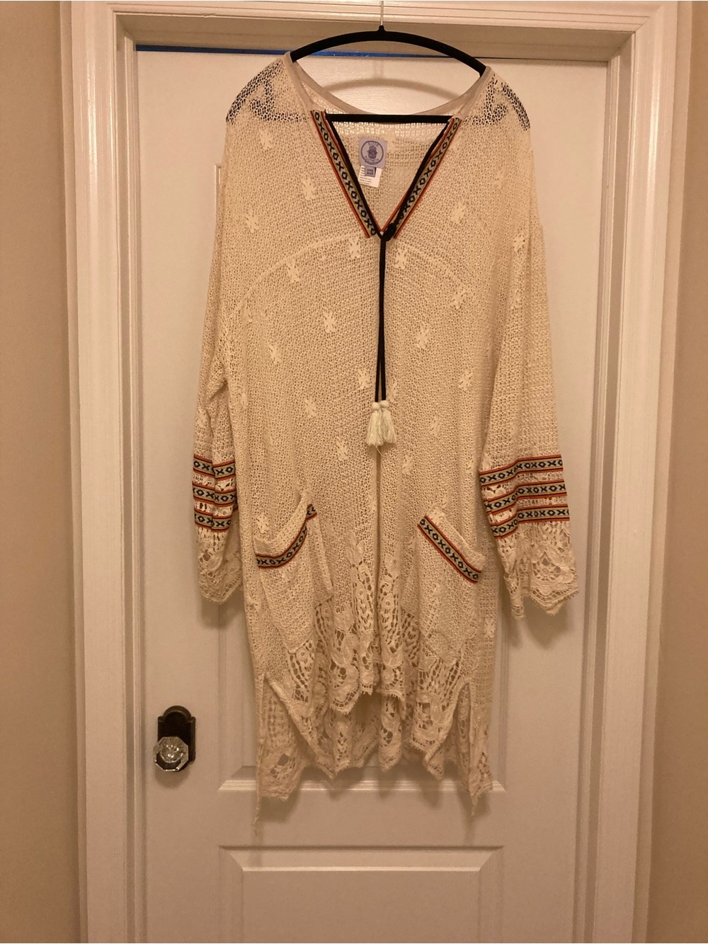 Muche Muchette  Boho Crochet Tunic Dress in Cream with Embroidered Trim